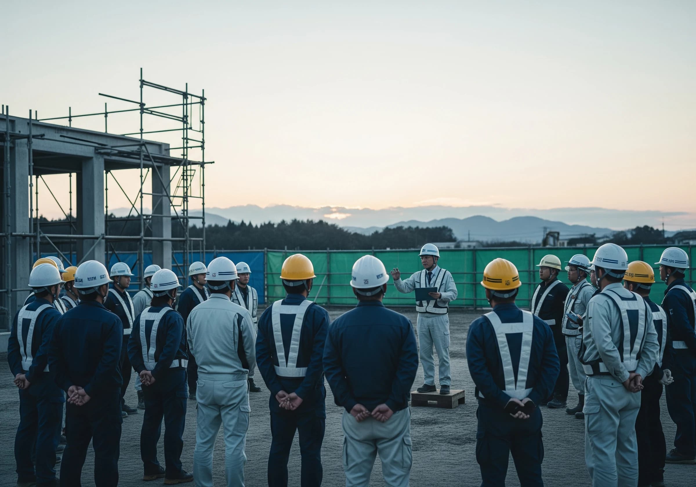 朝礼に集まる作業員